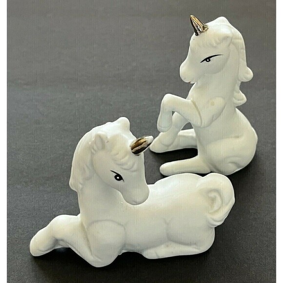 White Unicorn Figurine Porcelain Gold Horn Fantasy Mystical Fairy Tale Lot 2x - Picture 1 of 8